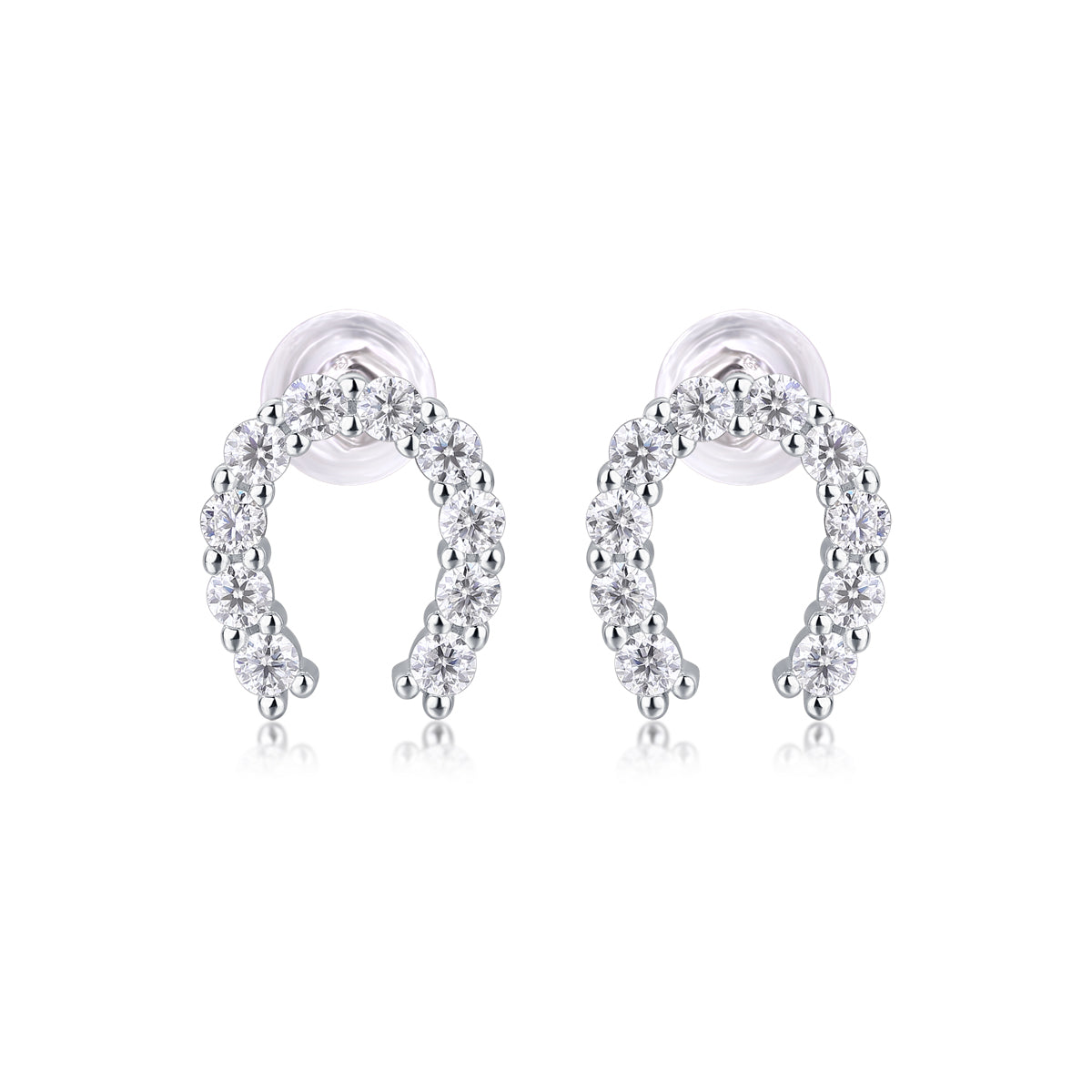 S925 Sterling Silver U-Shaped Hoop Stud Earrings, 20 D-VVS1 Moissanite Pave, Platinum Plated 1.6g Lightweight With Silicone Backs, Gift Box
