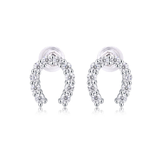 S925 Sterling Silver U-Shaped Hoop Stud Earrings, 20 D-VVS1 Moissanite Pave, Platinum Plated 1.6g Lightweight With Silicone Backs, Gift Box