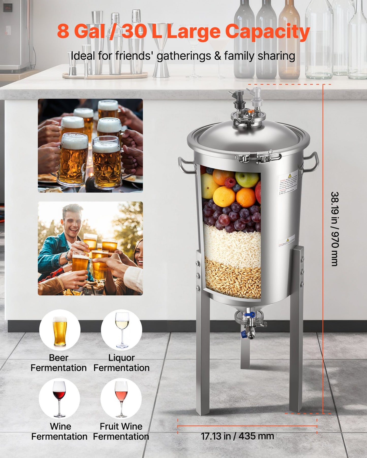 Pressure Fermenter 15 PSI, 8 Gal/30L All-in-One Stainless Steel Conical Secondary Fermentation Bucket, For Wine, Beer Brewing Equipment