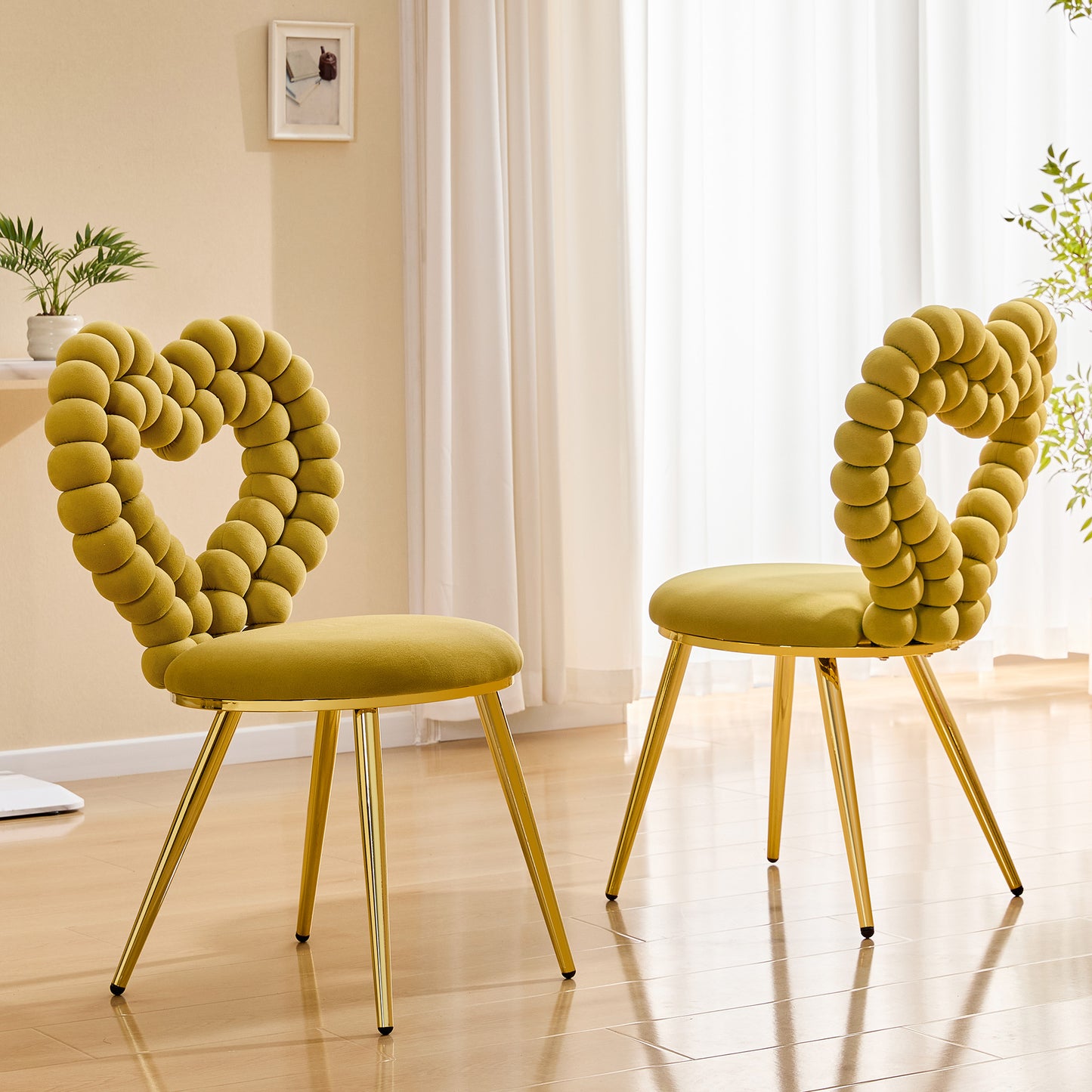 Set Of 2 Unique Heart Bubble Tufted Accent Chair,Yellow Plush Velvet Chair With Shiny Gold Metal Frame, Cute & Modern Seating For Home Decor