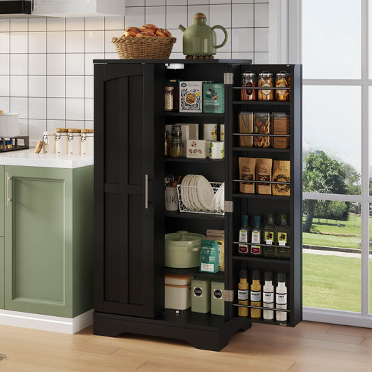 120x60x40xcm Kitchen Cabinet With LED Sensor Light, Large 2-Door Storage Cabinet With Adjustable Shelves & Door Shelves  Suitable For Kitchen, Dining Room Or Living Room, Black
