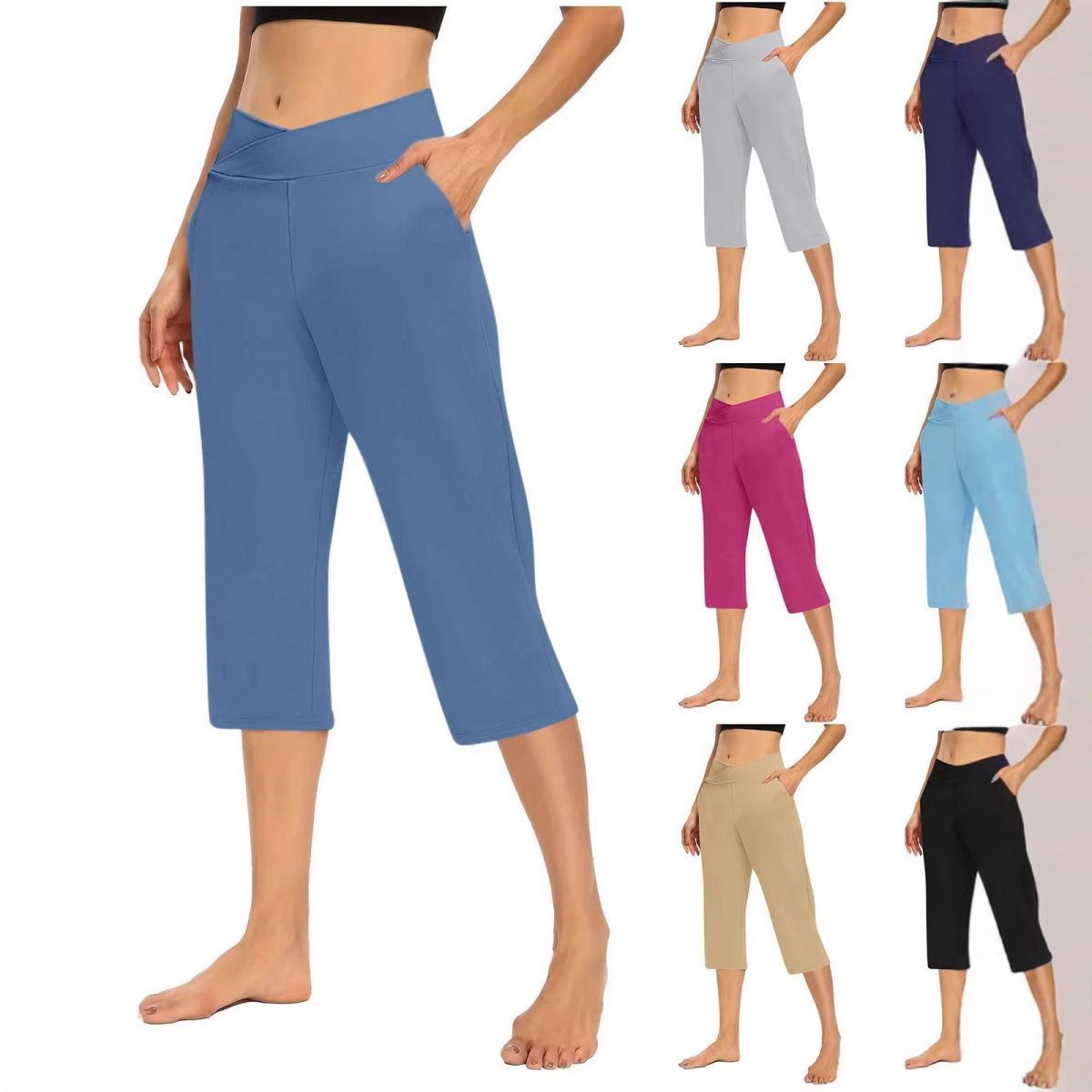 Womens Solid-Color V-Neck Yoga Capri Pants With Pockets