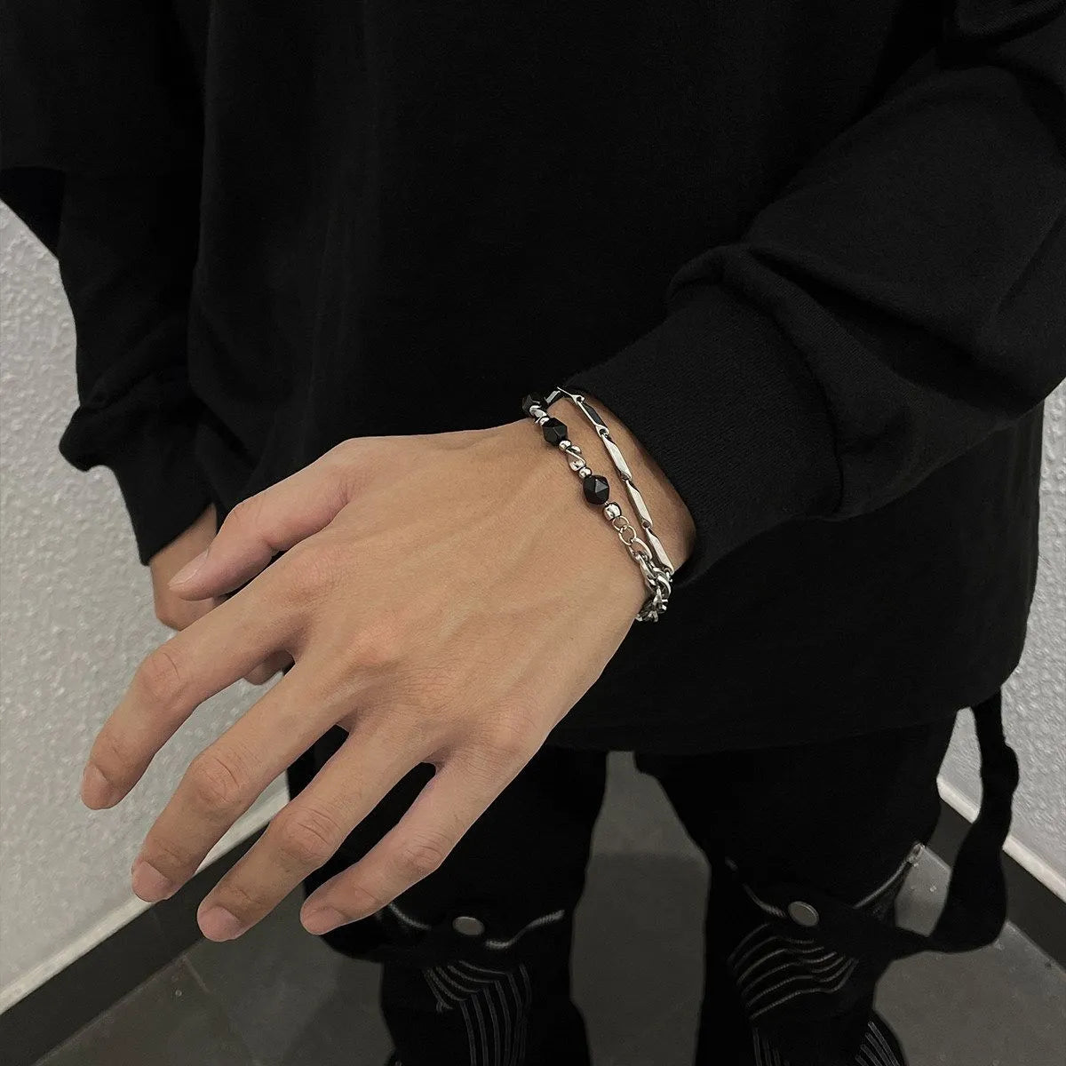 1pcs Double Layer Black Faceted Bead Spliced Titanium Steel Bracelet, Minimalist Dark Street Style, For Men Women Daily Wear & Couple Valentine Gifts