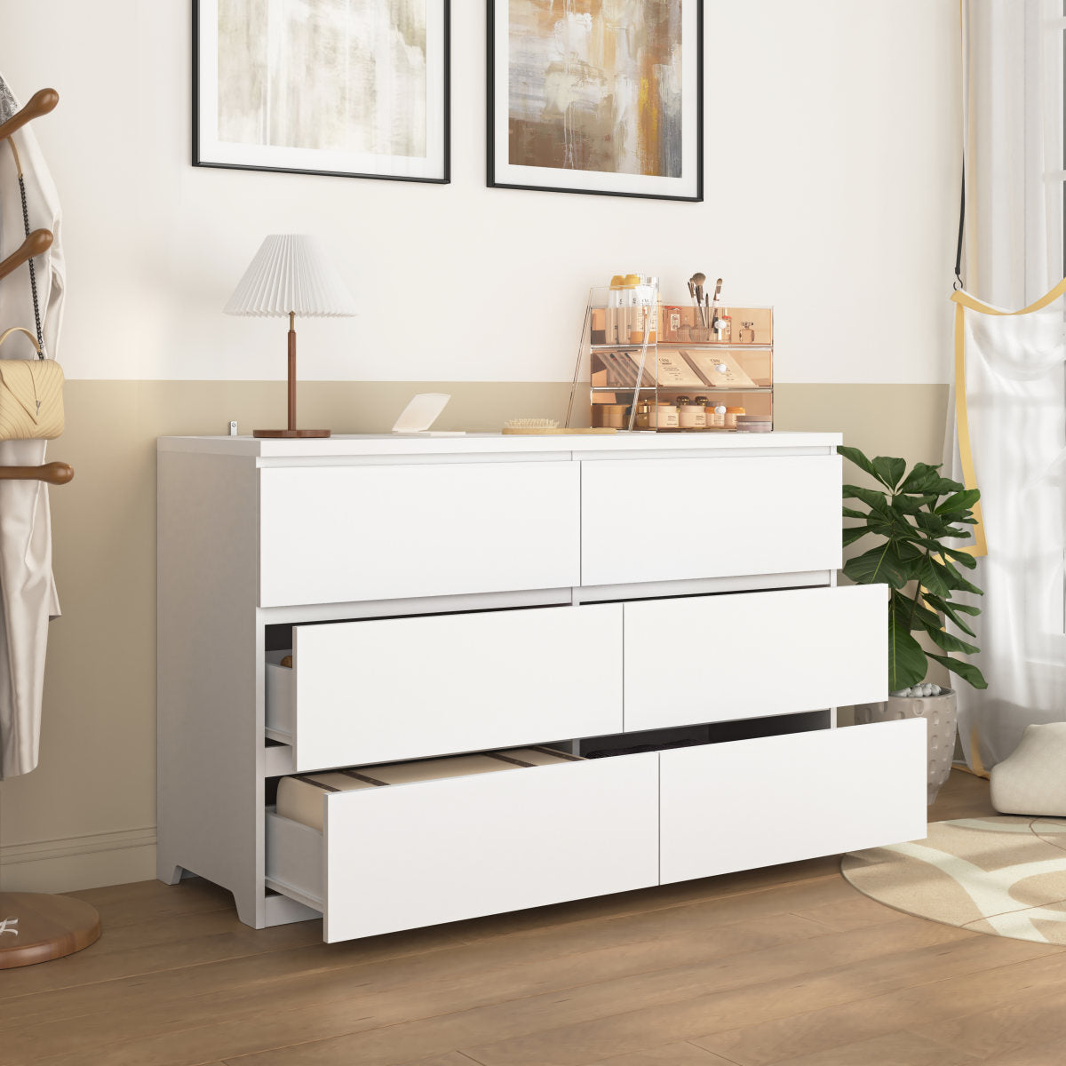 6 Drawer Storage Cabinet ,Dresser, Wood Storage Tower Clothes Organizer, Wide Chest Of 6 Drawers, Large Storage Space For Bedroom, Hallway, Entryway Living Room White