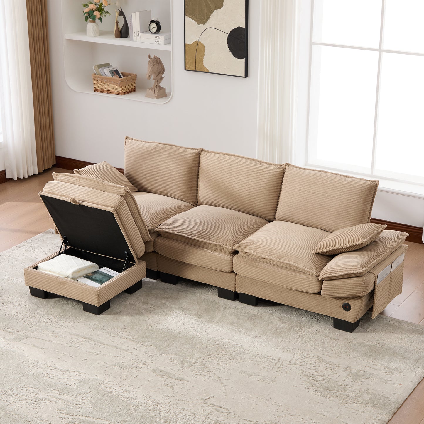 Modular 3-seater Corduroy Sofa  With 1 Stool Wide Seat, Ergonomic Design, High-density Foam Padding, USB-C Port And Side Pockets. Ideal For Living Room, Office Or Lounge.Khaki