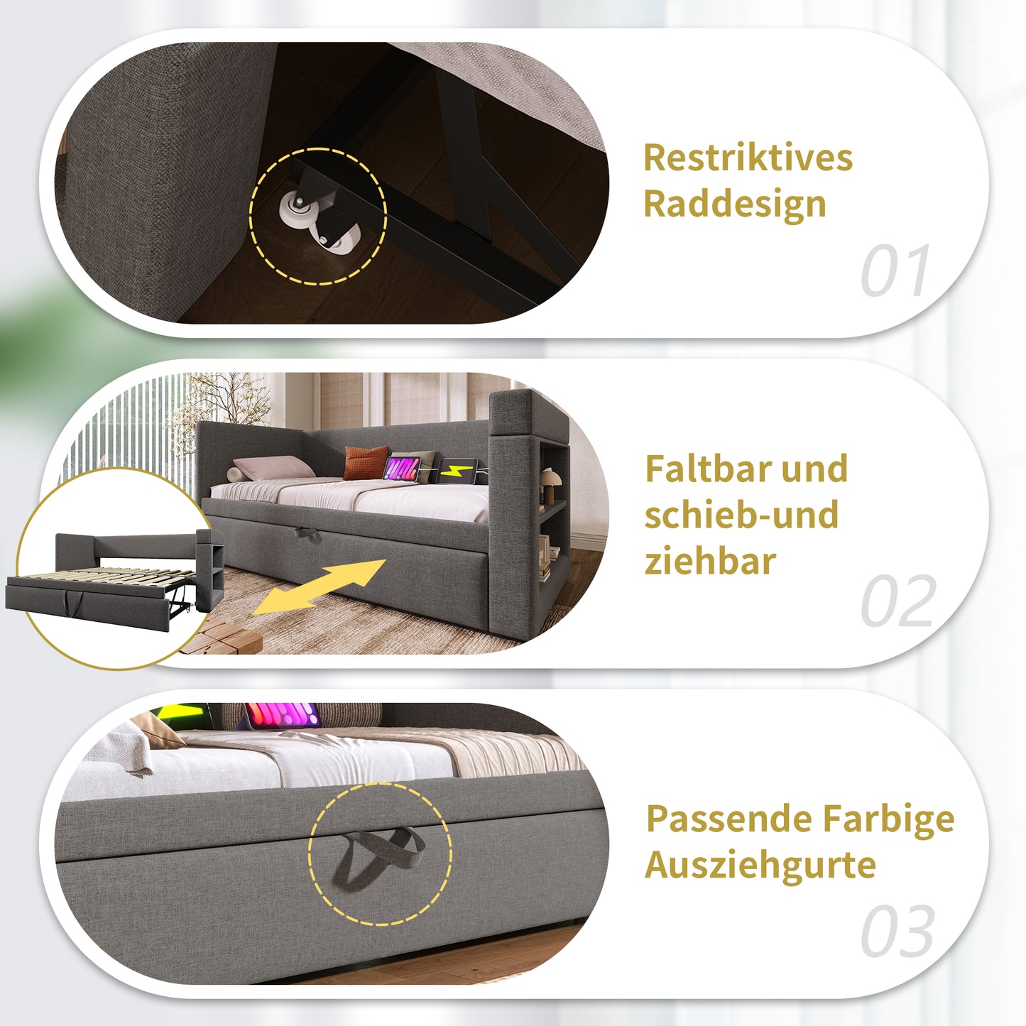 Upholstered Daybed 90x190 Cm, Single Bed Sofa Bed With Pull-out Bed, Armrests With USB & Type-C Charging Port And Cup Holder, Linen Blend, Grey, Without Mattress.
