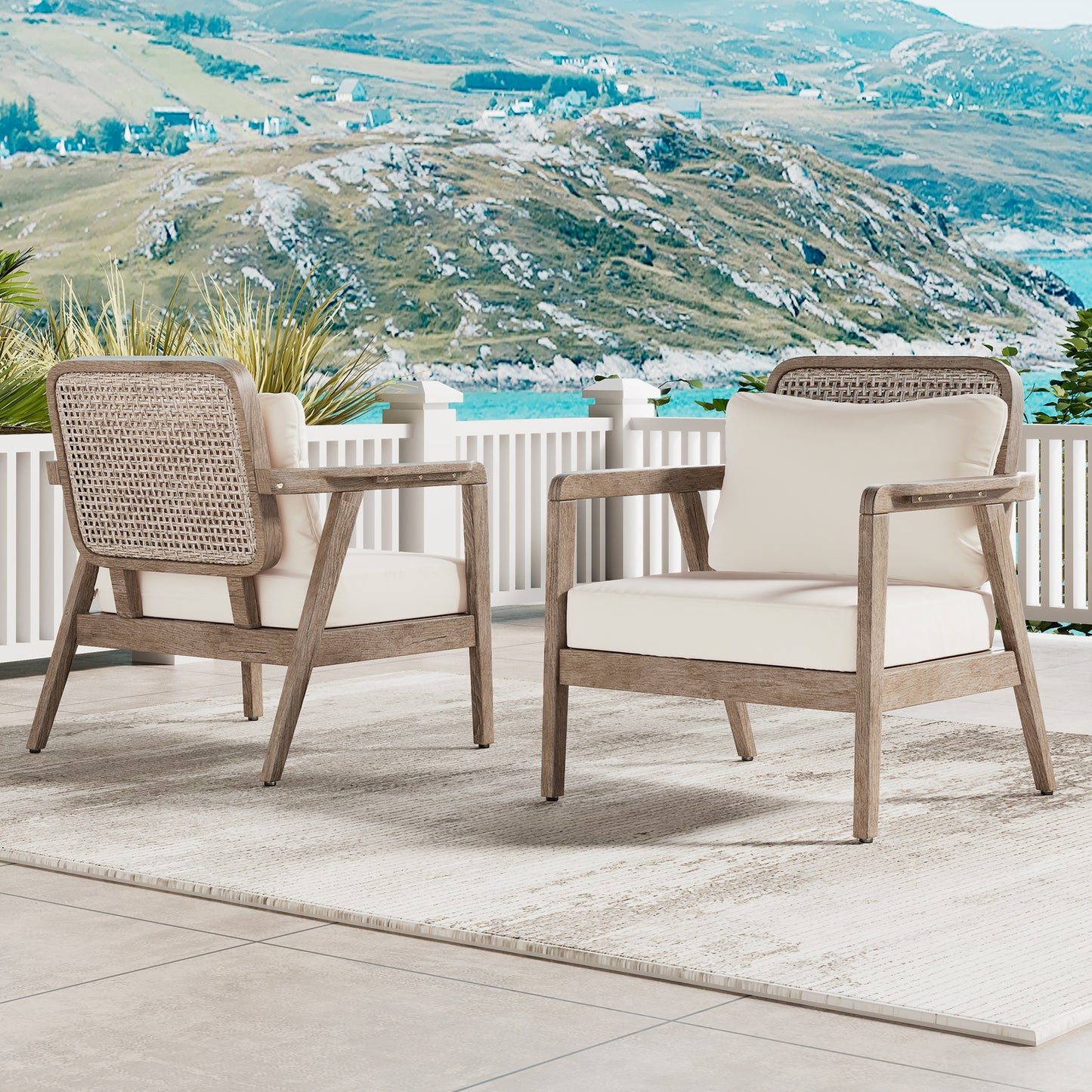 SET OF 2  Outdoor Acacia Wood Patio Club Chair, Patio Furniture,Waterproof Thick Cushion Deep Seating For Porch, Garden, Backyard, Balcony, Weight Capacity 400lbs, Light Brown Finish, Cream Cushion
