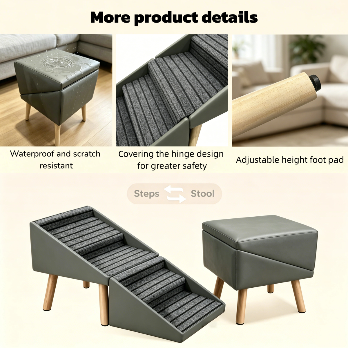 2-in-1 Dog Stairs for Bed and Couch 19.69" Foldable Dog Ramp for Couch 4 Pet Steps  & Ottoman for Small Dogs, Grey