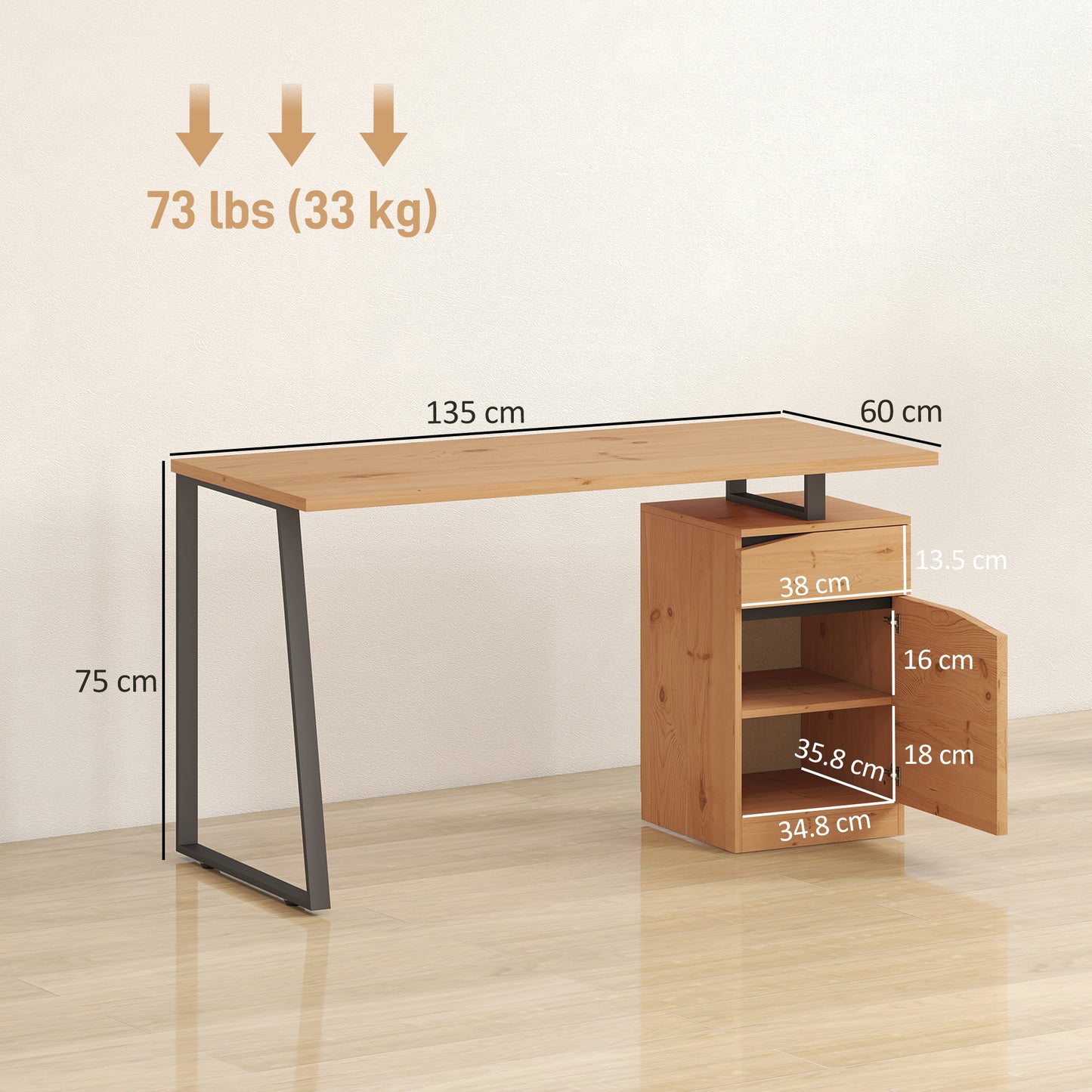 Computer Desk, Writing Desk With Cabinet, Drawer, Metal Legs, Work Table For Home Office Study, Natural Wood Finish