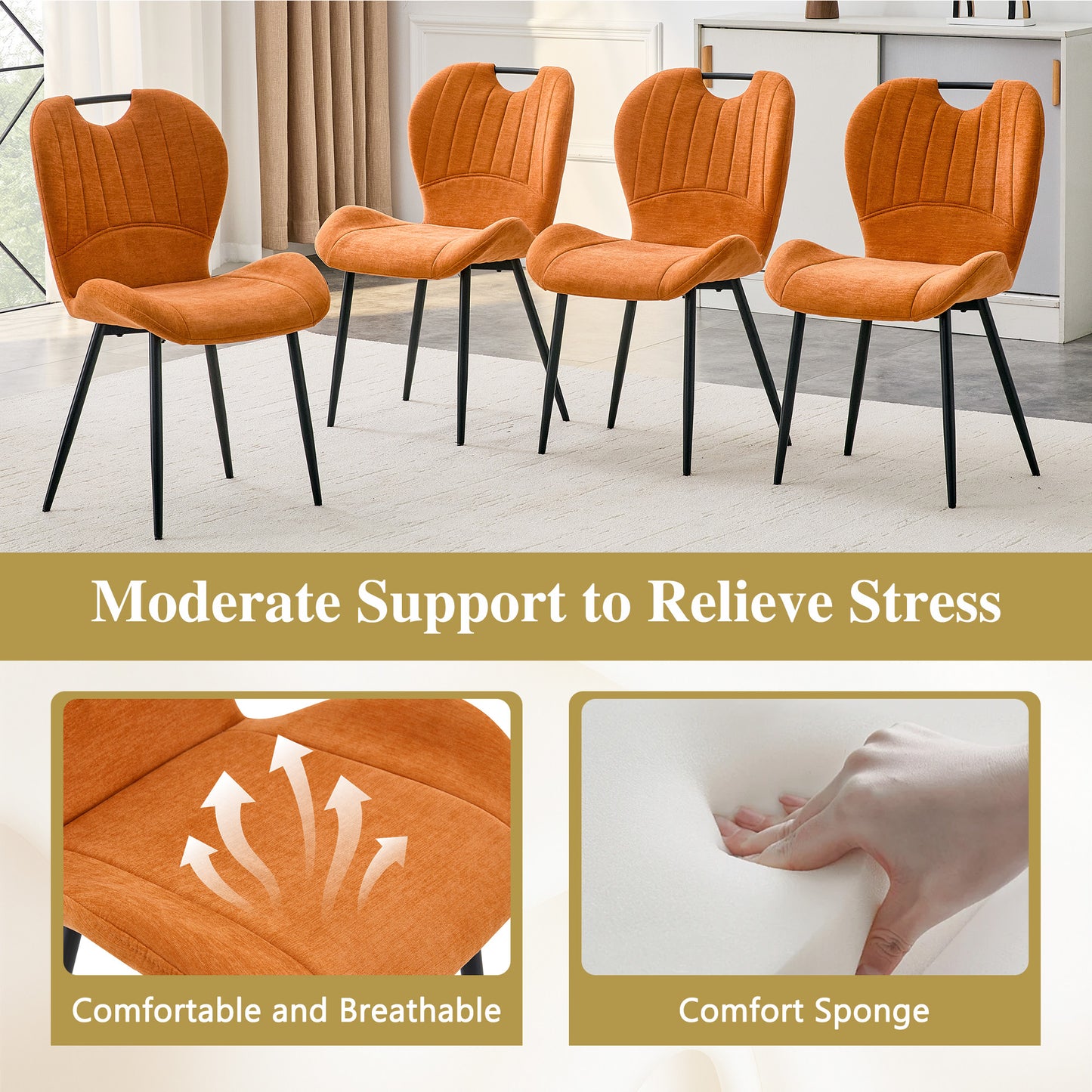 Set Of 4 Orange Fabric Dining Chairs With Integrated Handle.Black Metal Frame, Adjustable Leveling Feet. Home Dining Chairs With Extra-Wide Comfortable Cushion, Versatile For Study Or Vanity Use.