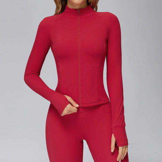Brushed Yoga Jacket Long-sleeved Zipper Pocket Tight Top