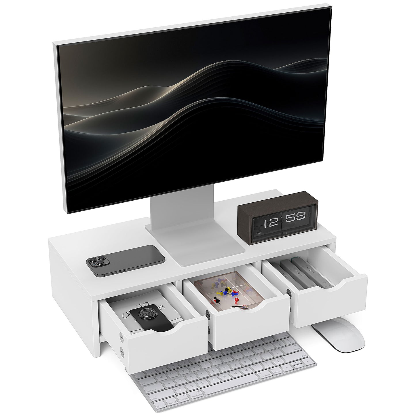 Monitor Stand Riser With 3 Drawers, Monitor Riser For Laptop, Computer, PC, Small Printer, 51 X 24 X 13cm, White