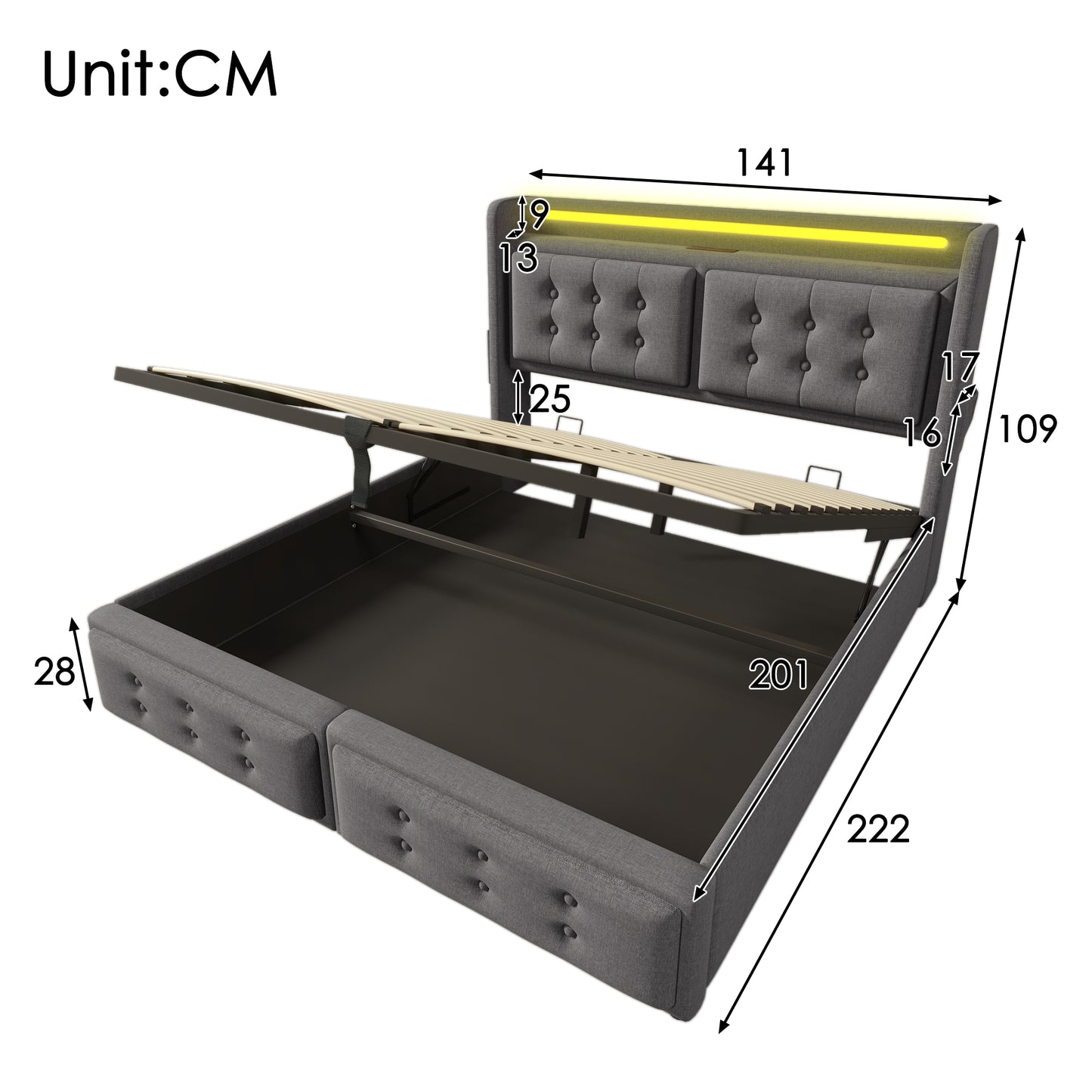 Upholstered Bed 140x200, Double Bed With LED Headboard And USB C Charging Function, Hydraulic Bed With Wooden Slatted Base And Metal Frame, Load Capacity 300 Kg, Grey, Cotton  Without Mattress