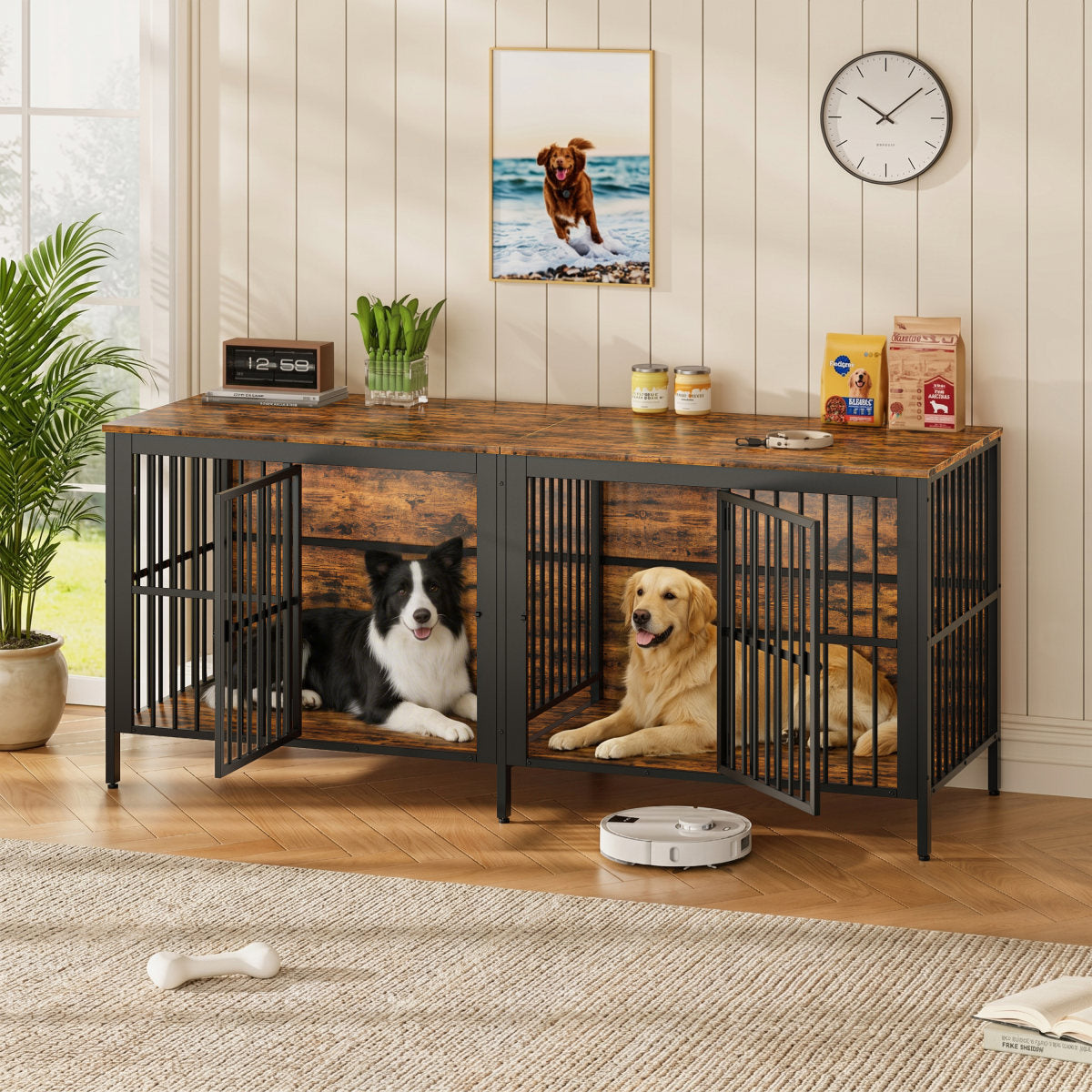 80  Dog Crate End Table, Heavy Duty 2-Door Indoor Pet Kennel, Multipurpose Dog House Furniture As TV Stand Or Side Table For Living Room, Large & Medium Dogs. Rustic Brown