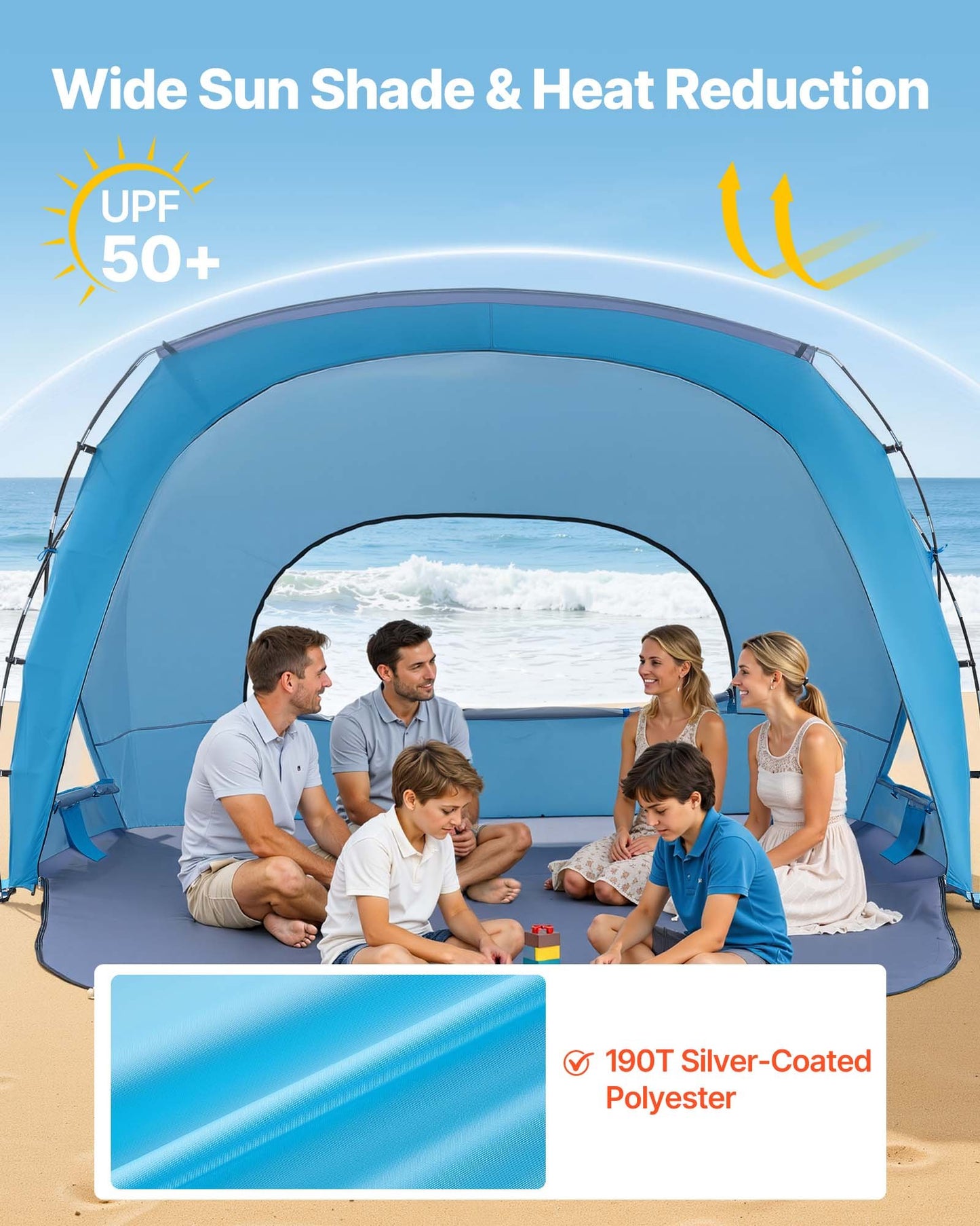 Beach Tent Sun Shelter For 6 Person, UPF 50+ Protection, Portable Sun Shade Canopy With Carrying Bag & Sand Pockets, Lightweight And Easy Setup Beach Umbrella For Family Camping Outdoor Picnic
