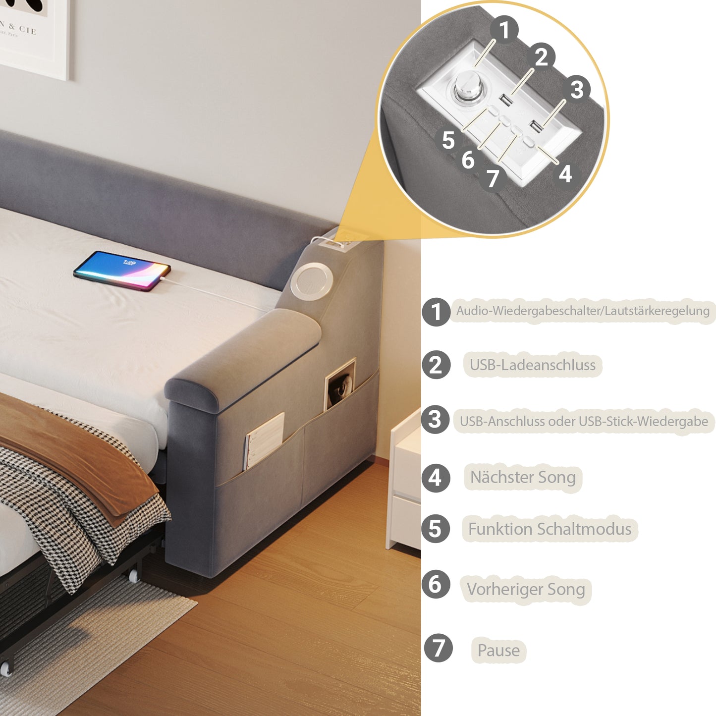 Upholstered Bed Sofa Bed, 90 180x190 Cm, Armrests Wider And Thicker, With Smart Bluetooth Stereo System With USB Charging Port, With Storage Compartments, With Slatted Base, Velvet Fabric, Grey