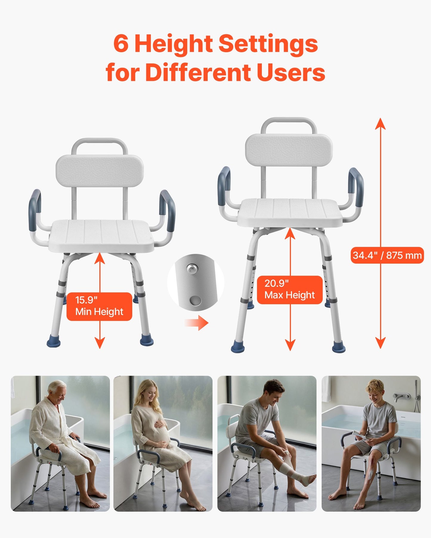 Swivel Shower Chair With Arms And Back, 400 Lbs Heavy Duty Bench Seat For Inside Shower Stall And Bathtub, Height Adjustable Bathroom Bath Tub Seat For Adults, Seniors, Elderly And Disabled