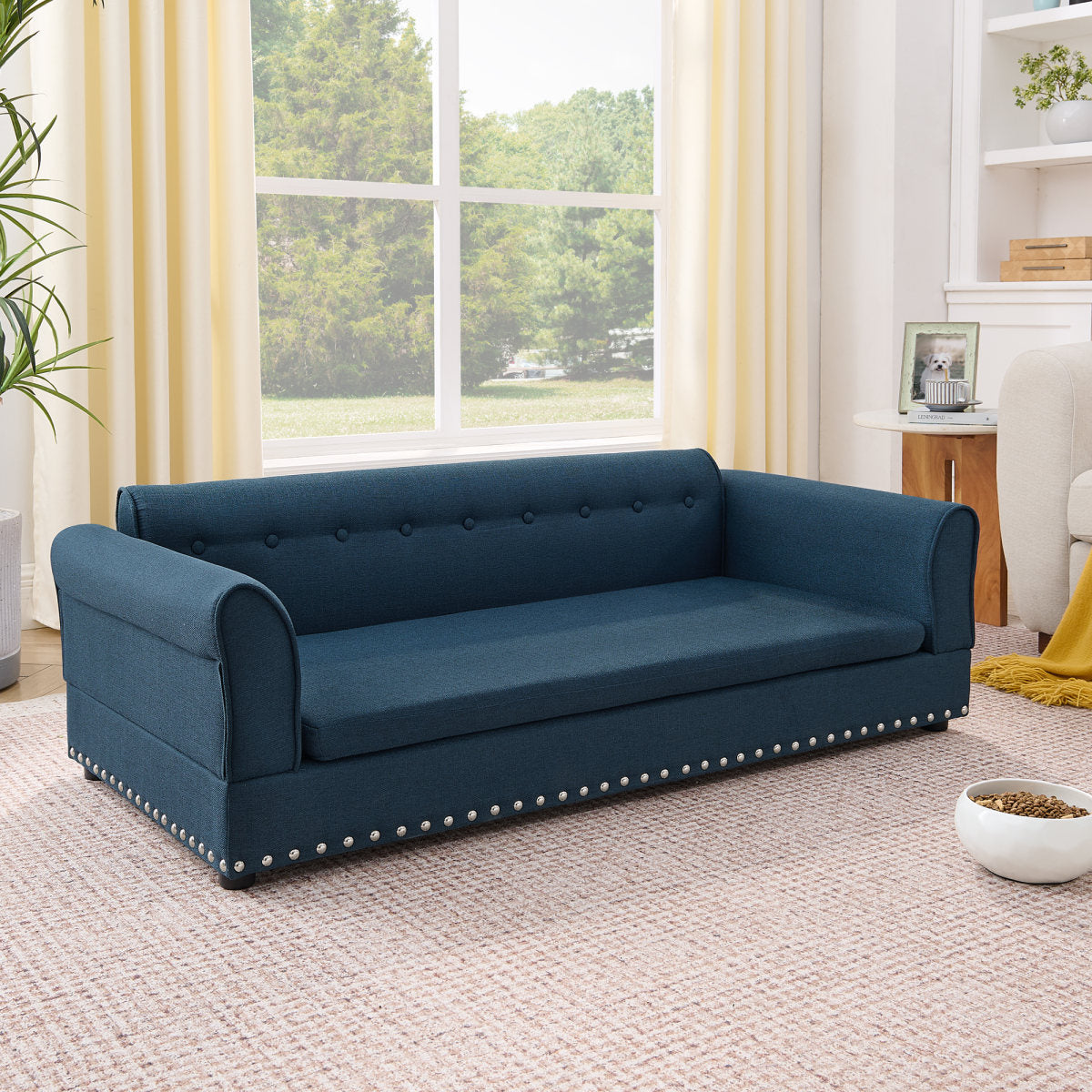 Oversized Pet Sofa ,Elegant Modern Linen Fabric Elevated Dog Sofa Bed, Comfortable Oversized Rectangular Pet Bed With Backrest & Armrest For Large & Oversized Dogs-Dark Blue