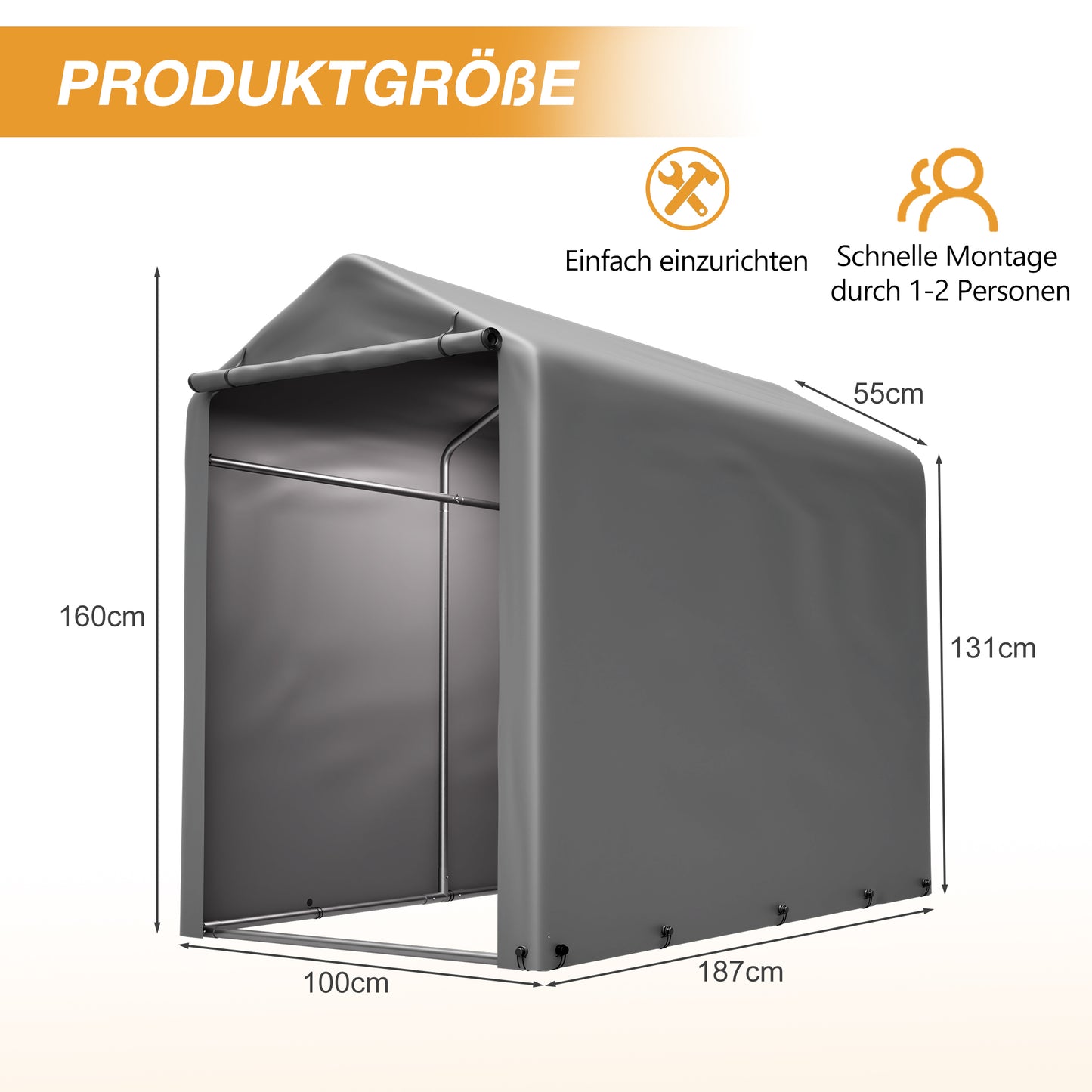 Bicycle Garage 187x100x160 Cm Black Steel Frame Powder-coated Weatherproof Tent With PE Tarpaulin Dark Grey For Bicycle & Garden Tools  Ideal For Balcony, Terrace & Courtyard
