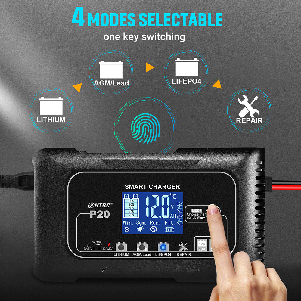 20A 12V 24V 20 Amp Car Battery Smart Charger For Lead Acid AGM LiFePo4 Battery
