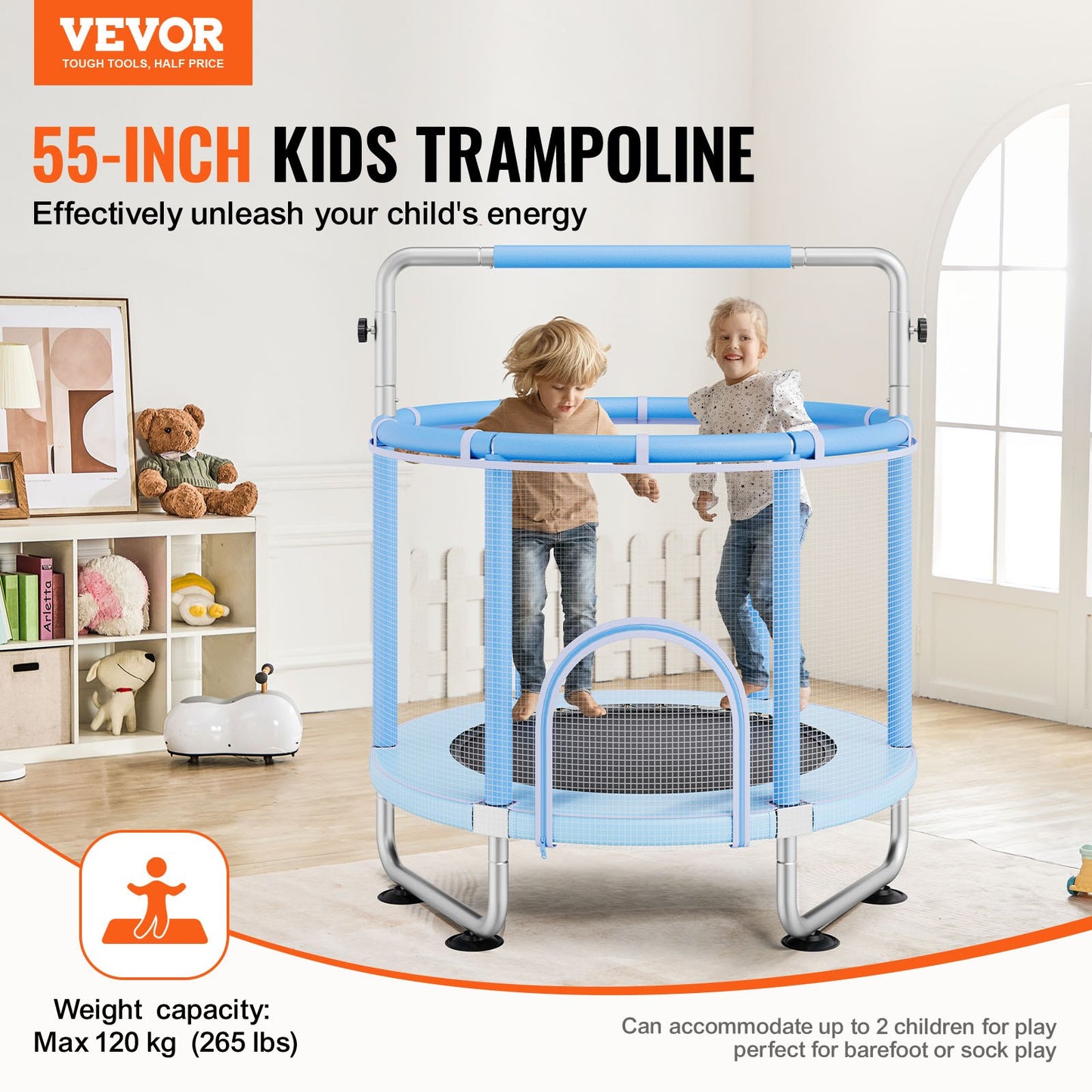55" Kids Trampoline, 4.6FT Indoor Outdoor Trampoline, Mini Toddler Recreational Trampolinewith Safety Enclosure Net And Basketball Hoop, Birthday Gifts Christmas Toys For 3+ Years Children, Blue