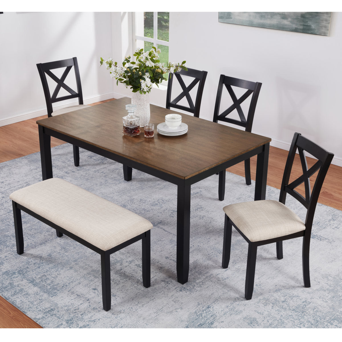 6-Piece Dining Table Set with Bench, Classic Wooden Dining Table Set for 6, Timeless Farmhouse 6-Person Dining Table Set for Dining room, Kitchen, Black & Oak  two tone