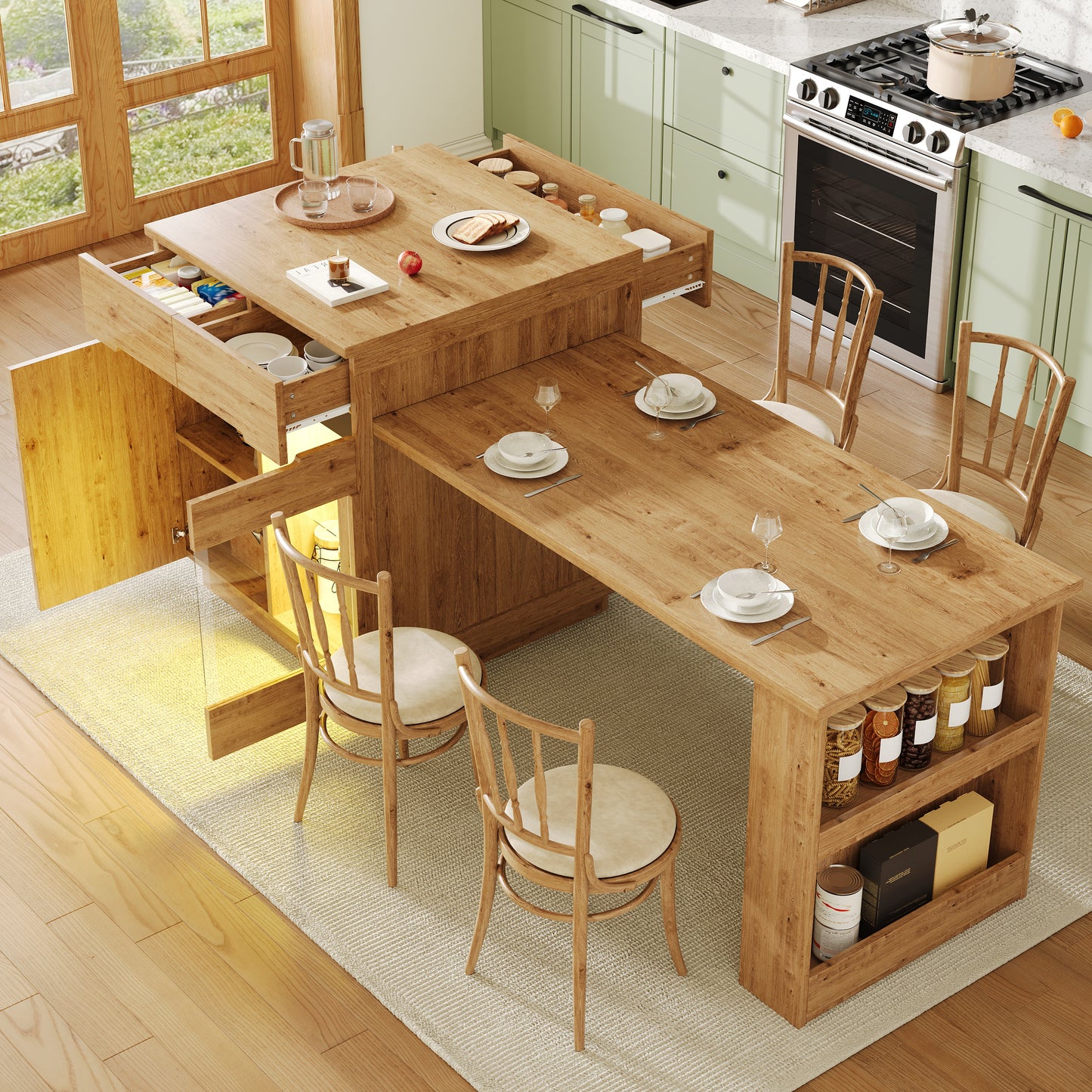 Kitchen Island With Extendable Table, Multifunctional Kitchen Storage Cabinet With LED Lighting  App Control , Oak Effect, Glass Door, For Kitchen & Dining Room