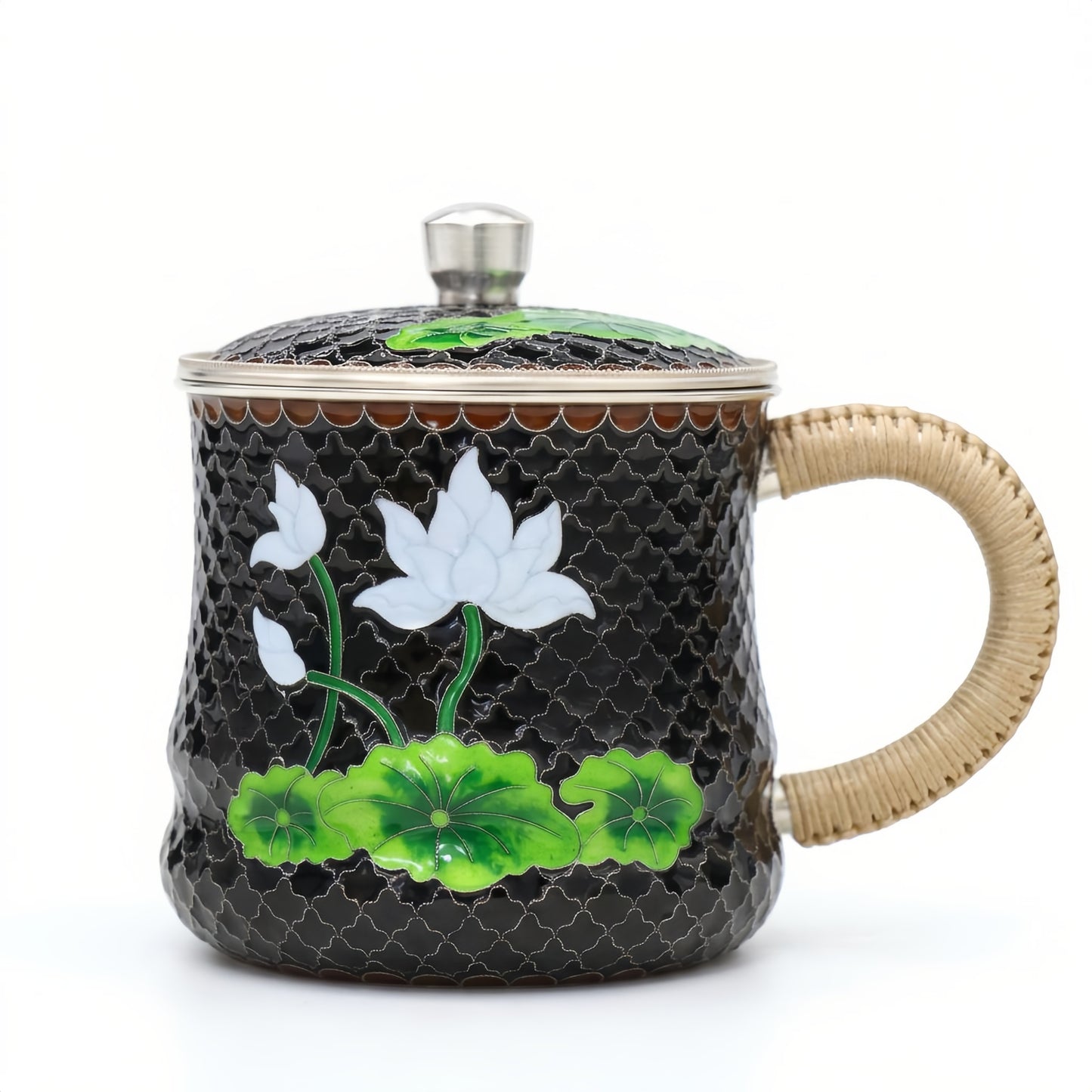 Pure 999 Fine Silver Handcrafted Cloisonné Lotus Tea Mug with Rattan Handle and Lid - Handicraft