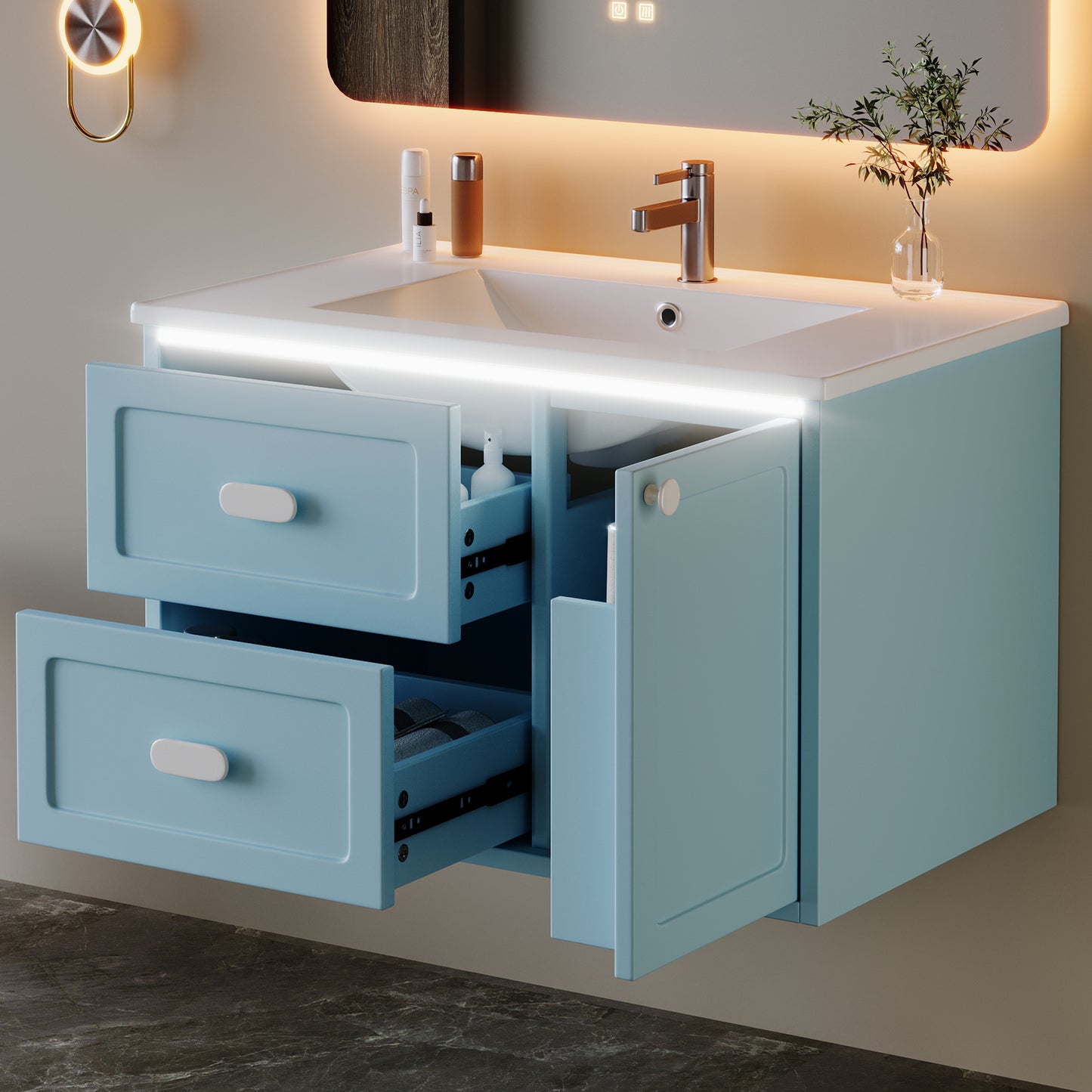 76x46x51cm Bathroom Wall Cabinet, Fully Lacquered, LED  Sensor Lighting, Two Drawers, Silent Slide Rails, Integrated Sink, Blue