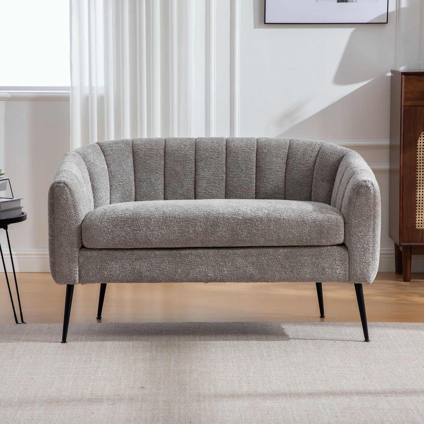 Chenille Upholstered Mini Reclining Sofa Accent Sofa, Modern Gloss Two-Seater Sofa With Metal Legs & Grooved Upholstery, For Living Room, Bedroom, Office, Small Rooms, GRAY