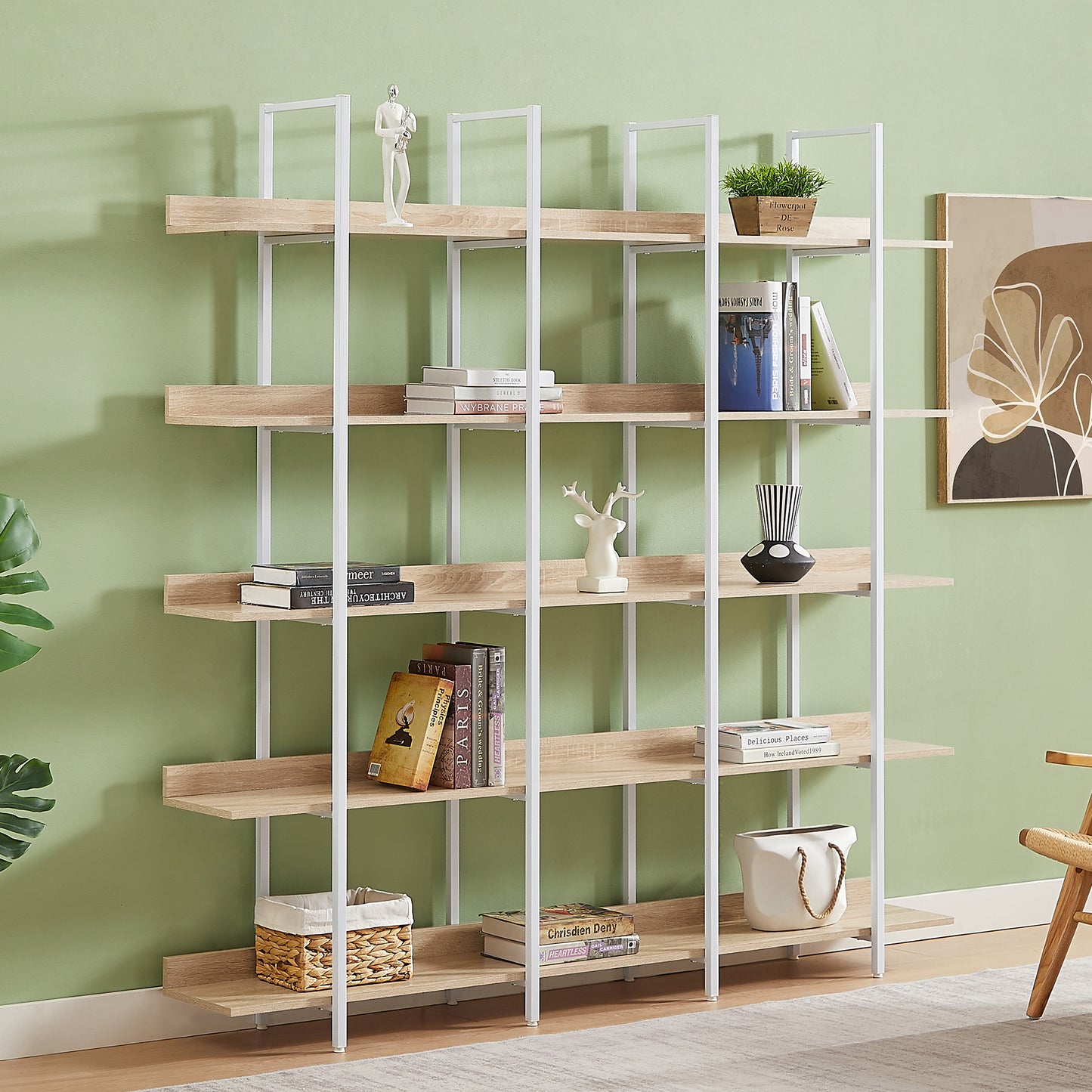 5 Tier Bookcase Home Office Open Bookshelf, Vintage Industrial Style Shelf, MDF Board, White Metal Frame, Oak  Old Sku WF300935AAC N725P247766C