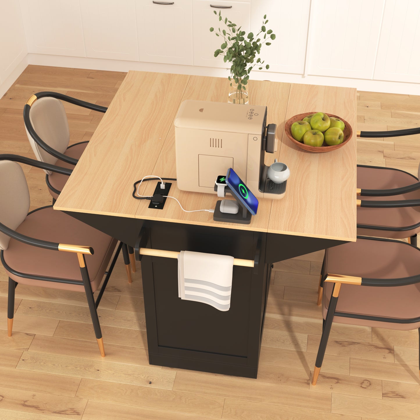 K&K 55.7  Large Kitchen Island With 2 Drop Leaf,, Rolling Kitchen Cart On 5 Wheels With Power Outlet, Folding Storage Dining Table With Spice & Towel Rack , 3 Drawers, For Kitchen, Dining Room,Black