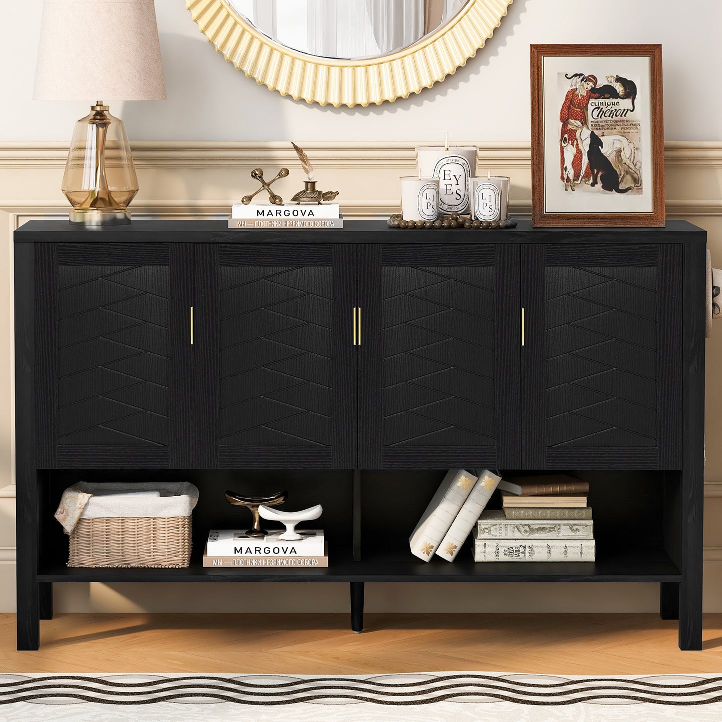 U-STYLE 55.1 Storage Sideboard With 4- Doors Multi Functional Buffet With Open Shelf And 2- Tiers Adjustable Shelves Modern Cabinet With Double Hooks Suitable For Living Room  Hallway  Dining Office.