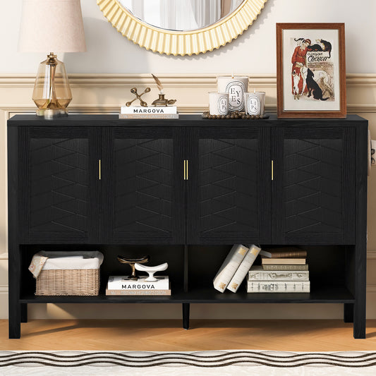 U-STYLE 55.1 Storage Sideboard With 4- Doors Multi Functional Buffet With Open Shelf And 2- Tiers Adjustable Shelves Modern Cabinet With Double Hooks Suitable For Living Room  Hallway  Dining Office.