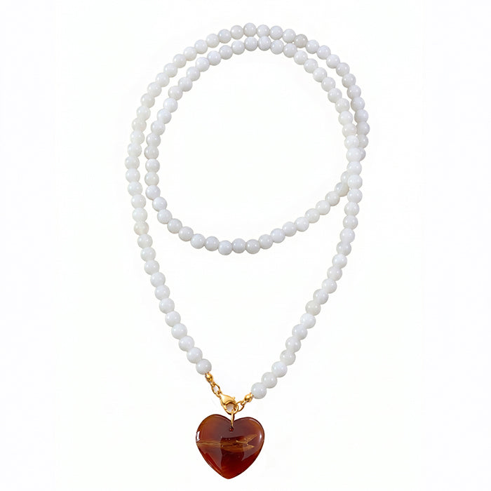 80cm Long Glass Bead Necklace For Women, 18K Gold Plated Stainless Steel Chain With Chunky Amber Brown Heart Pendant, Vintage Layering Jewelry Gift