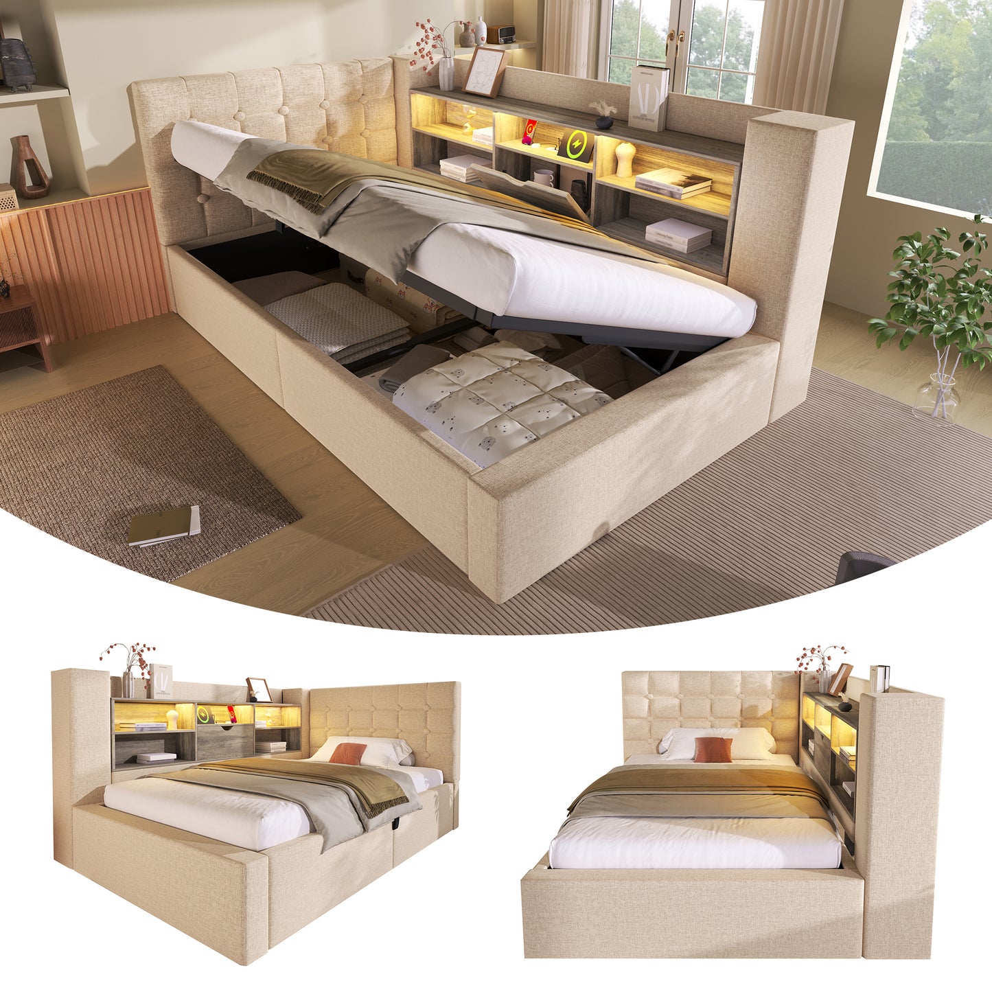 Daybed Upholstered Bed 90 X 190 Cm, 3FT Single Sofa Bed With Hydraulic Storage, USB &Type-C Charging Station, Single Bed For Living Room And Bedroom, Linen, Beige  No Mattress