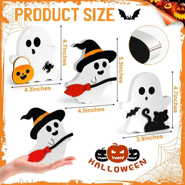 Ute Ghost Halloween Decorations Indoor, Wooden Tiered Tray Decor Table Sign Set Of 3, Black Cat Bat Witch Broom Signs Pumpkin Blocks For Party Home Shelf Display