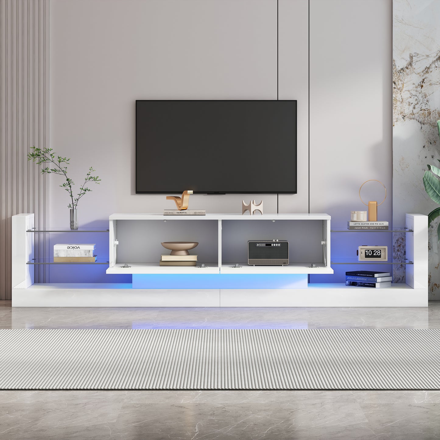 High-gloss TV Cabinet With LED Lighting, 181 Cm For TVs Up To 80 Inches, Glass Front, Two Fold-down Drawers