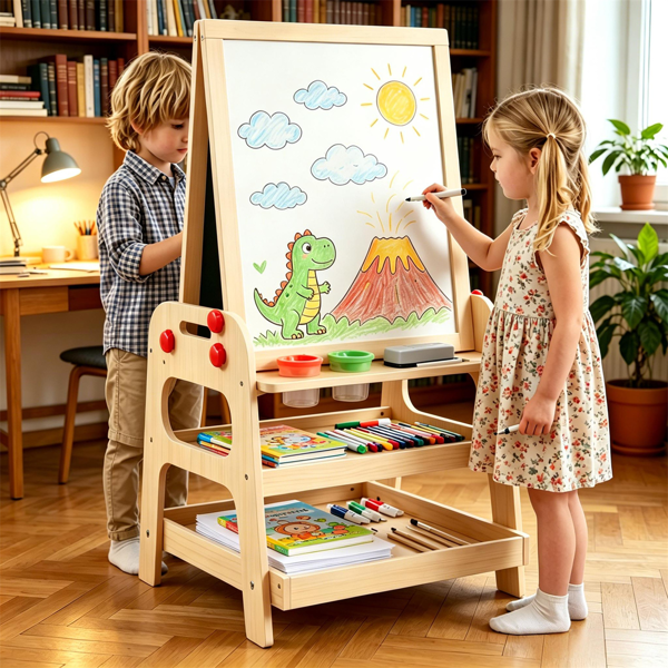 2-in-1 Wooden Kids Art Easel With Marble Run, Magnetic Whiteboard Standing Easel With Storage Shelves & Accessories For Kids 3-