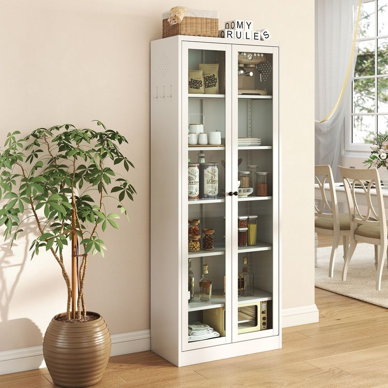 Metal Kitchen Pantry Cabinet - 72in Tall Storage W 5 Adjustable Shelves, White Freestanding Unit For Kitchen Pantry & Living Room