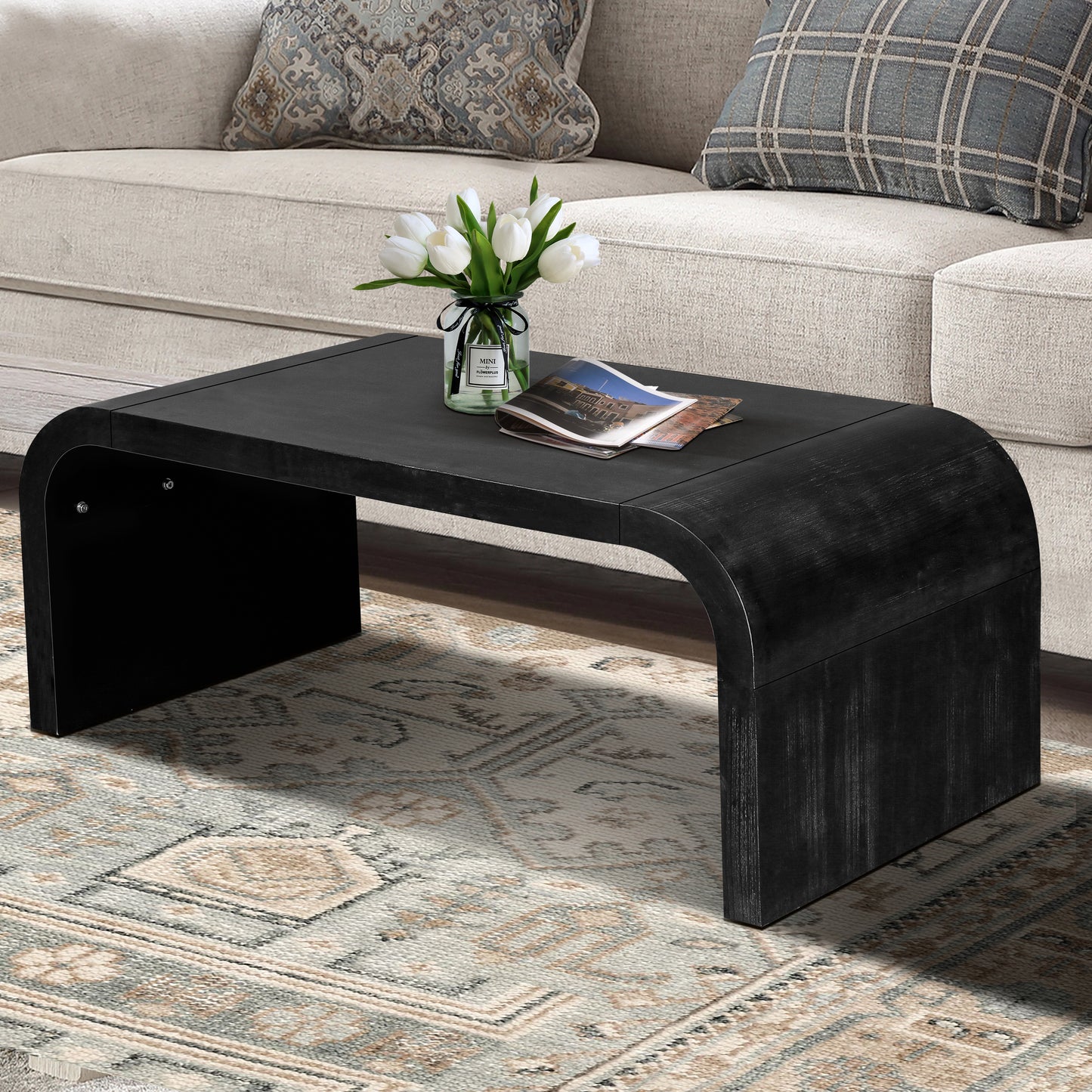 Farmhouse  Vintage Crafts Coffee Table,Curved Art Deco Design, Easy Assembly, 48  W X 24  D X 18   Antique Black  Same To Old SKU  W1445P214061