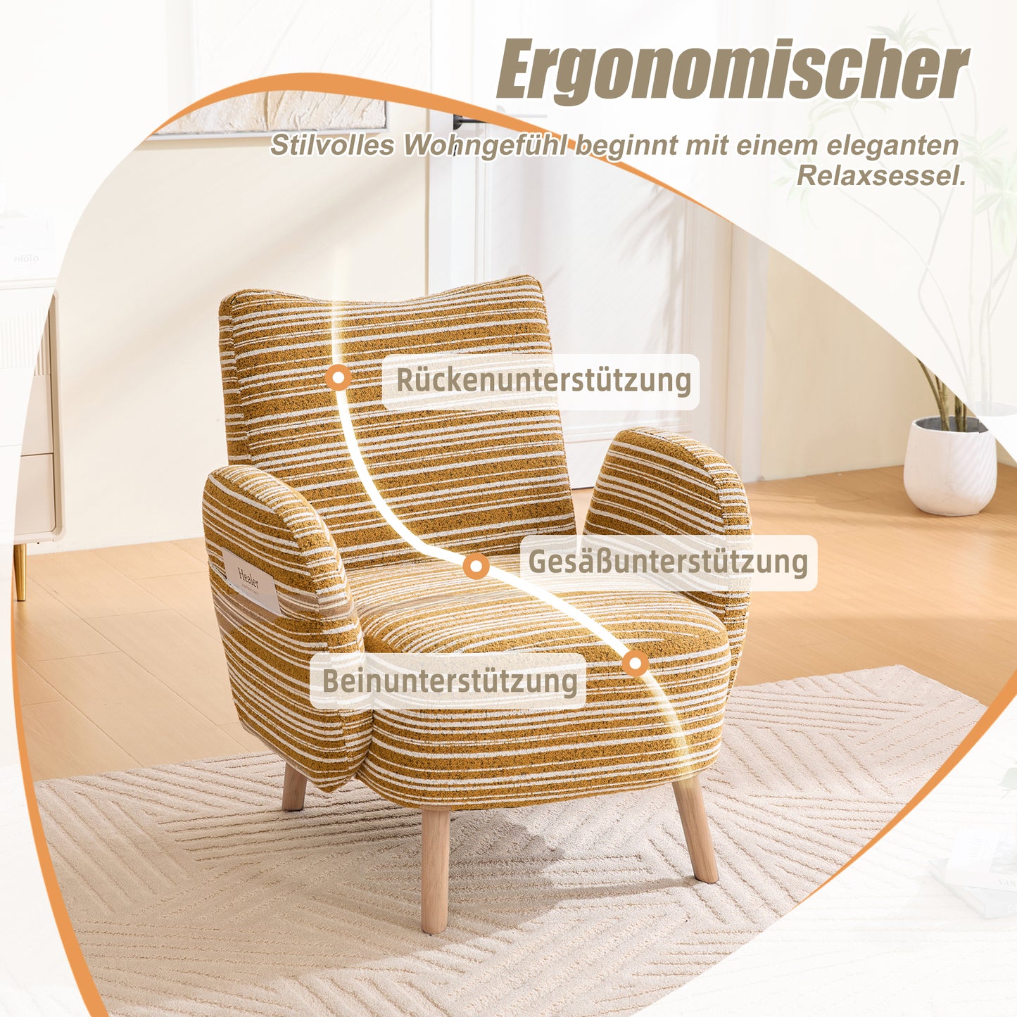 Modern Armchair, Fabric With Circle Pattern, With Side Pocket, Solid Wood Legs, Comfortable Reading Chair, Living Room, Bedroom, Office Mustard Yellow BouclE
