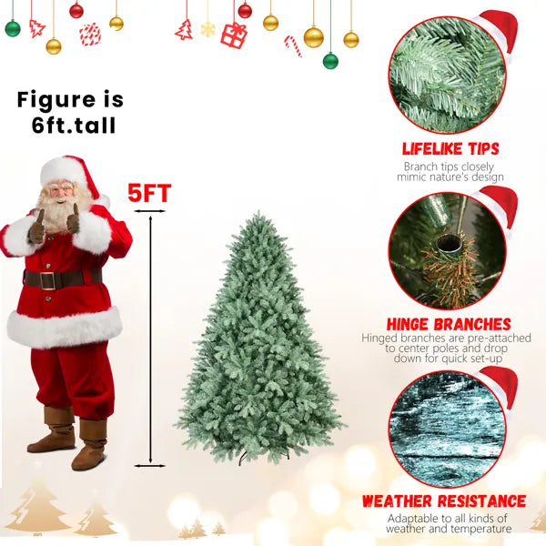 Artificial 5ft Blue Green Tint Christmas Tree With 1194 PE/PVC Mixed Branch Tips, Memory Wire+iron Wire, Hinged Premium & Foldable Base For Indoor Holiday Decorating