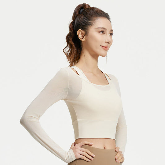 Mesh Yarn False Two Pieces Yoga Clothes Long-sleeved Top
