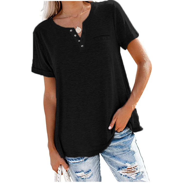 Women's Henley Neck Button Detail Curved Hem Pocket Decor Casual Short Sleeve T-Shirt