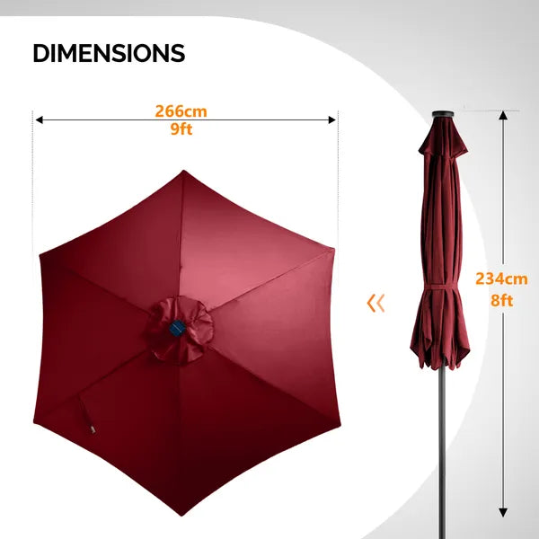 9ft Solar LED Patio Umbrella With Push Button Tilt & Crank, 6 Ribs Waterproof Polyester Outdoor Market Table Umbrella For Garden Backyard Pool, Burgundy