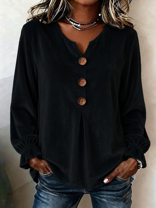 New Velvet Long Sleeve Blouse, Fashion V-Neck Button Shirt