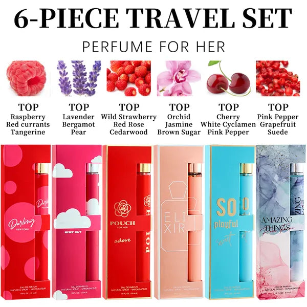 6pcs Travel Set, Women's Eau De Parfuma Spray, Long Lasting Fragrance, 6 Different Flavor, Perfect For Holiday Gifts, Dating, Daily Life, Parties, 1.18fl.oz Bottle