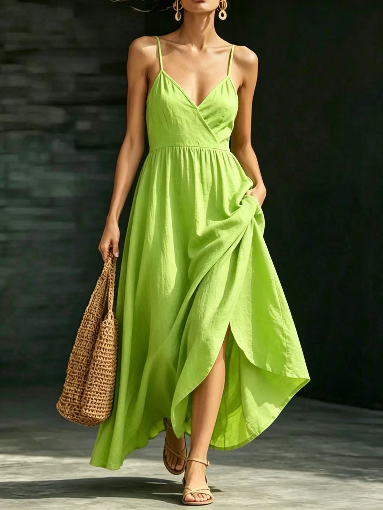 Summer V-Neck Spaghetti Strap Maxi Dress With Pockets - Elegant Vacation & Office Wear For Women