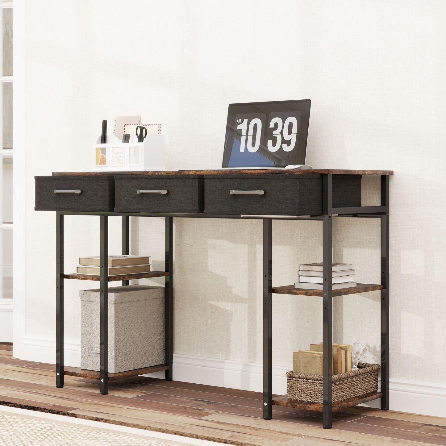 47" Small Computer Desk, Writing Desk with Fabric Drawers, Home Office Desk with Adjustable Shelves, Rustic Brown